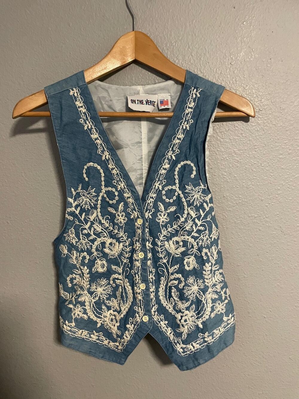 Vintage On The Verge Vest Womens Small Blue Chambray Floral Embroidered Boho 90s
